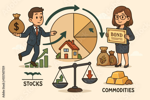 Diversified investment portfolio for balancing risk and return. Asset allocation concept with stocks, bonds, commodities, and real estate. Financial planning for wealth growth. Vector.