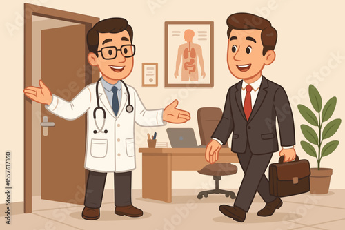 Smiling doctor welcoming businessman patient into clinic for medical appointment. Professional healthcare consultation and service concept. Corporate manager visiting physician. Vector.