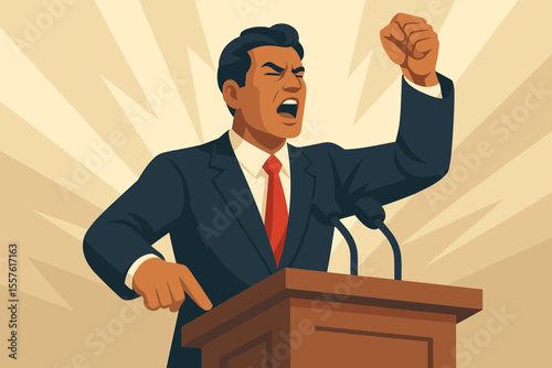 Political leader giving a powerful, passionate speech at a rally. Orator at a podium with a raised fist. Propaganda style vector for concepts of protest, revolution, and power.