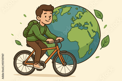 Eco friendly man riding bicycle with Earth globe in background. Sustainable transport concept for Earth Day. Go green and save the planet. Healthy lifestyle and ecology care. Vector.