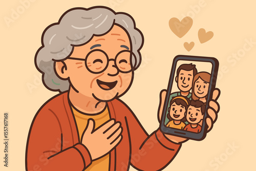 Happy senior woman on a video call with her family. Elderly grandmother using a smartphone to chat with children and grandchildren. Concept of long-distance communication and love.