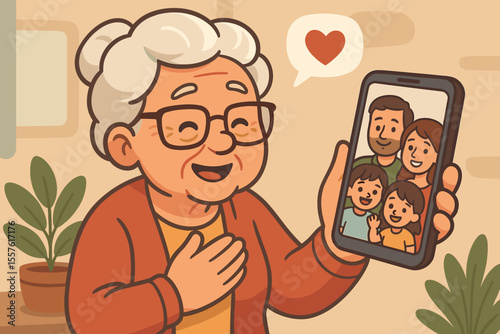Happy grandmother on a heartwarming video call with her family. Elderly woman using a smartphone to talk with her children and grandchildren. Senior lifestyle and technology concept.