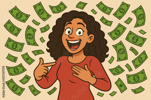 Ecstatic lottery winner surprised by money rain. Happy woman pointing at herself in disbelief after winning jackpot. Concept of wealth, success, and luck. Vector cartoon illustration.