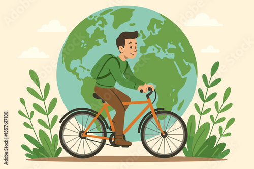 Eco-friendly man riding bicycle with Earth globe background. Concept for green transport, healthy lifestyle, sustainability, ecology, environmental care, and World Car Free Day.