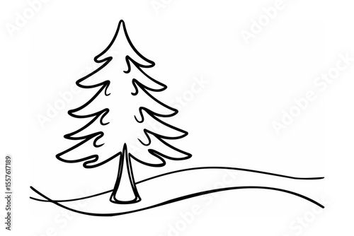 Stylized evergreen tree on rolling ground line art