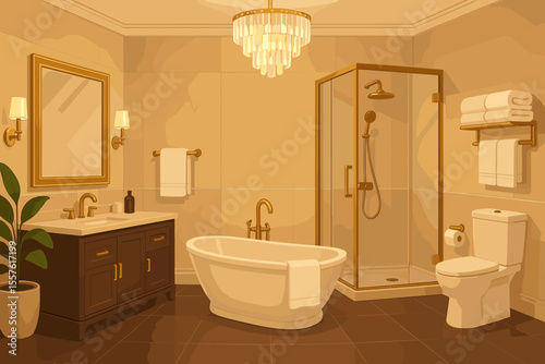 Luxury bathroom interior design concept. Elegant hotel or home apartment restroom with modern furniture, bathtub, shower cubicle, and gold fixtures. Vector cartoon illustration.