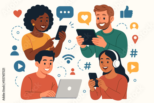 Diverse people connecting online via social media using digital devices. Vector cartoon illustration of a global community networking, sharing likes, messages, and content online.