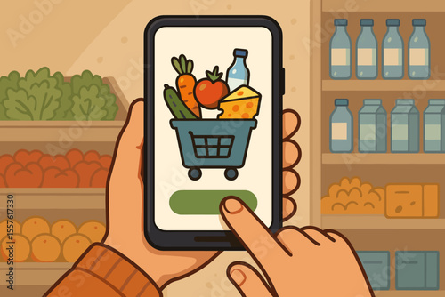 Online grocery shopping app concept. Hand holding smartphone with food delivery cart icon. Digital supermarket purchase, mobile order for vegetables, cheese, water, healthy food. Vector illustration.
