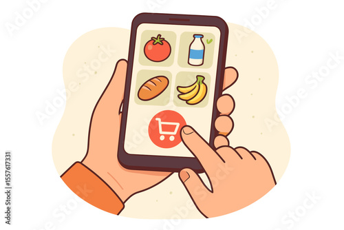 Online Grocery Shopping App Concept. Hand Holding Smartphone with Food Icons. Digital Purchase, Mobile E-commerce, Fresh Produce, Cart Button. Vector Illustration for Delivery, Retail, Technology