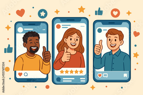 Satisfied customers giving thumbs up reviews on social media platforms. Positive client feedback, online rating, testimonial approval. Cartoon vector illustration of happy users, digital engagement.