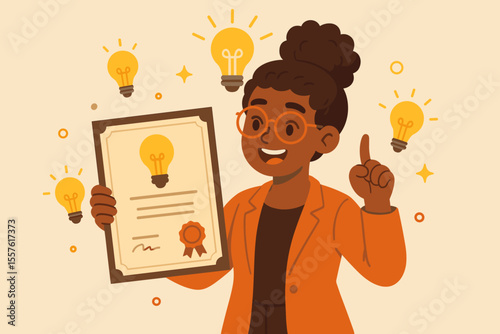 Creative Black Woman Awarded Certificate for Innovative Ideas, Light Bulb Inspiration, Achievement Recognition, Professional Success, Cartoon Vector Illustration, Motivation, Empowerment Concept
