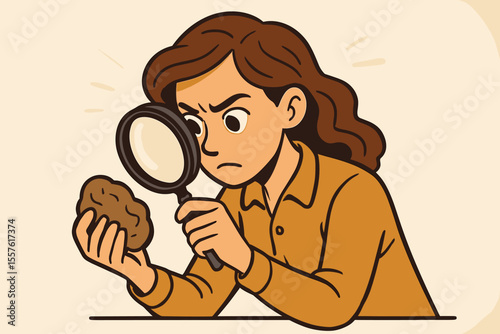 Curious woman analyzing mysterious object with magnifying glass, investigation, detective search, clue discovery, science research, inspection, cartoon vector illustration, no text