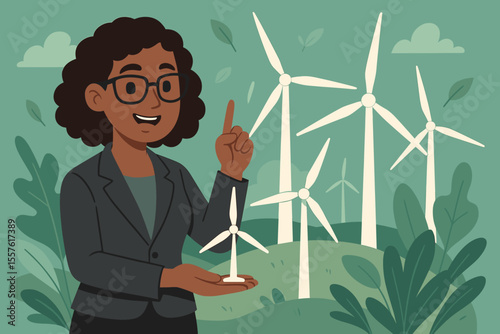 Confident businesswoman presenting wind turbine model, promoting renewable energy, sustainable development, eco-friendly solutions, clean technology, environmental innovation, green power landscape