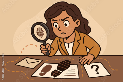 Female Detective Investigating Mystery Clues with Magnifying Glass, Analyzing Fingerprints and Footprints, Solving Crime Scene, Private Investigator Cartoon Vector Illustration