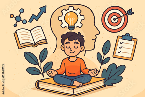 Personal Growth and Self-Improvement Concept. Child Meditating on Book. Mindfulness, Learning, Goal Setting, Mental Health, Knowledge, Motivation, Success, Education, Vector Cartoon Illustration