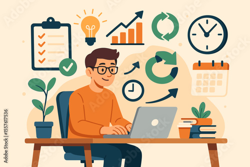 Productive Freelancer at Desk with Laptop, Task Checklist, Growth Chart, Time Management, Workflow Arrows, Calendar, Light Bulb Idea, Office Plants, Books, Coffee, Vector Illustration