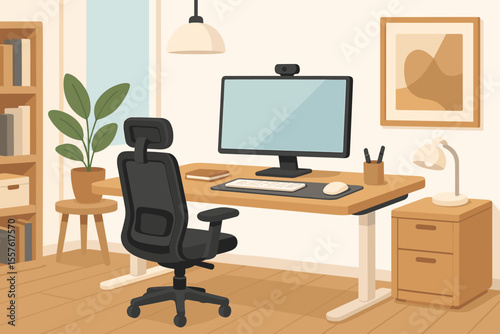 Modern home office workspace with ergonomic chair, computer monitor, wooden desk, indoor plant, bookshelf, desk lamp, organized accessories, minimalist decor, vector cartoon illustration