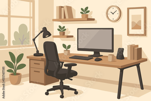 Modern home office workspace vector illustration. Ergonomic desk, computer monitor, office chair, lamp, indoor plants, bookshelf, window, accessories. Cozy minimalist interior design concept