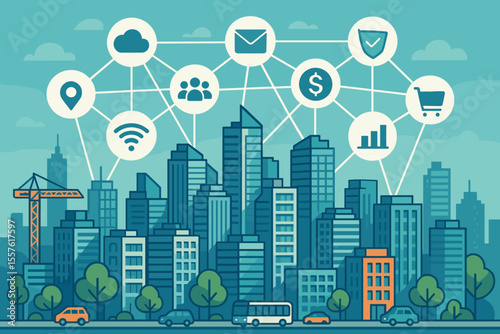 Smart city skyline with digital network, cloud computing, wireless internet, fintech, e-commerce, data analytics, urban transport, modern skyscrapers, connected services, vector illustration
