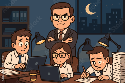 Overworked Office Employees Working Late Night Under Strict Supervisor, Stressful Corporate Workplace, Team Overtime, Exhausted Staff, Piles of Paperwork, Cartoon Vector Illustration