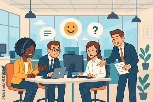Modern open office teamwork concept. Diverse businesspeople collaborating at desks with laptops, customer service support, communication, consulting, call center, coworking, professional workspace
