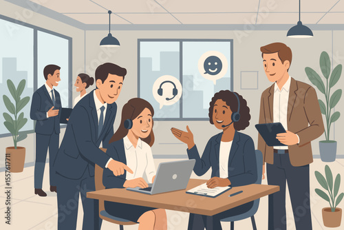 Modern open plan office teamwork. Diverse businesspeople collaborating, customer service support, call center, communication, consulting, technology, professional workspace, corporate meeting