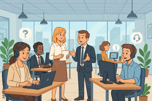 Modern open plan office teamwork, customer service staff with headsets, business professionals collaborating, support center, communication, technology, workplace diversity, vector illustration