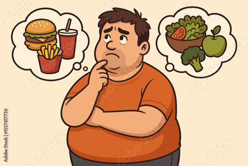 Overweight man making healthy food choices, fast food vs vegetables, weight loss decision, nutrition dilemma, junk food temptation, healthy eating habits, diet concept, vector illustration