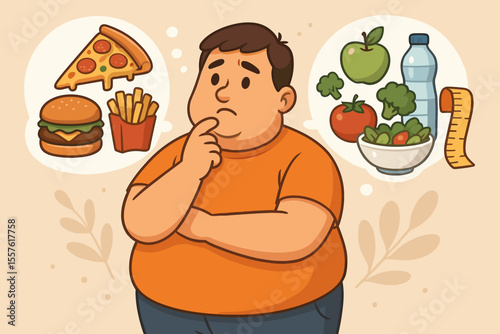 Overweight man deciding between fast food and healthy diet options. Cartoon vector illustration of obesity, nutrition choices, weight management, junk food vs salad, healthy lifestyle concept.