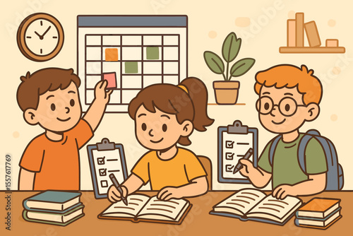 Children Planning Schedules and Managing Study Time with Checklists. Kids Studying Together, Organizing Tasks, Using Calendar, Books, Clipboards, Teamwork, Learning, Classroom, Education Concept