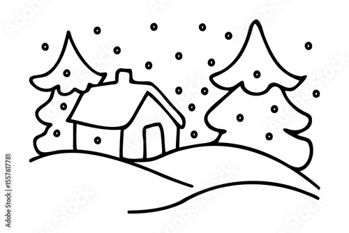 Snowy house between pine trees winter cabin