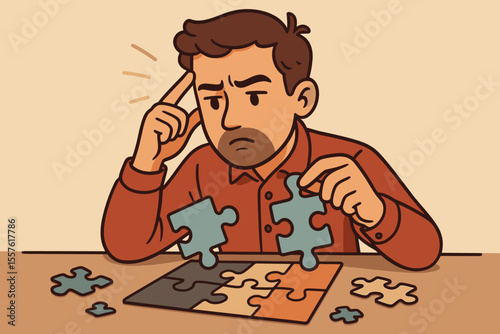 Thoughtful Man Assembling Jigsaw Puzzle, Problem Solving Concept, Strategy and Logic, Critical Thinking, Mental Challenge, Solution Process, Vector Cartoon Illustration, Tabletop Activity