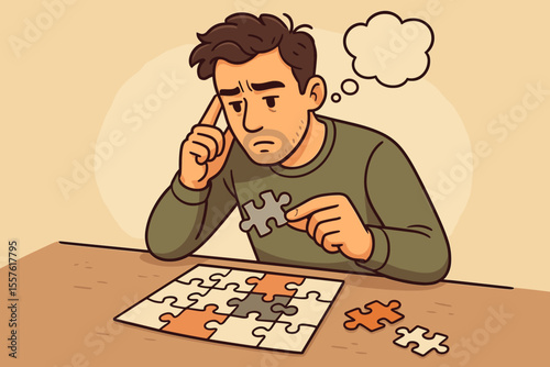 Thoughtful man solving challenging jigsaw puzzle, brainstorming, finding solution, assembling pieces, critical thinking, problem solving, mental focus, creativity, vector illustration concept