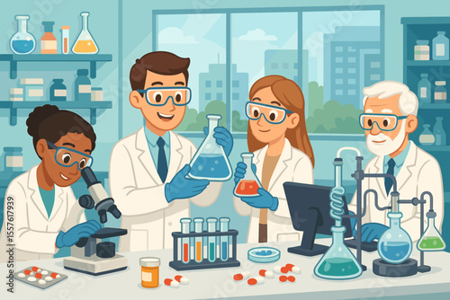 Pharmaceutical research laboratory scientists developing new drugs, medicine, pills, chemistry experiment, teamwork, microscope analysis, beakers, test tubes, cartoon vector illustration