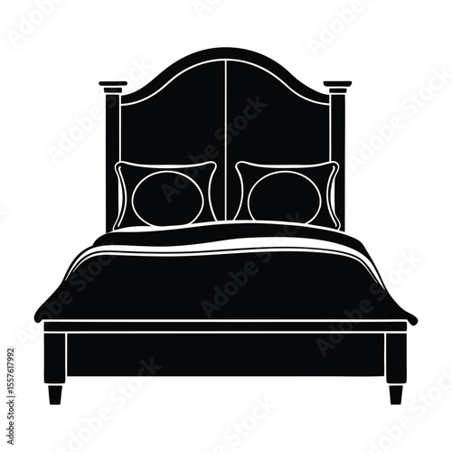 Minimalist bed with headboard and pillows simple graphic design element for advertising and banners silhouette