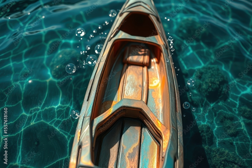 Obraz premium Empty wooden kayak floating on clear turquoise water with sunlight reflections and air bubbles, creating a dreamy and artistic outdoor adventure concept for nature and travel photography