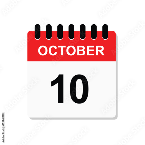 10 October,  calendar icon. Calendar design vector template. Calendar date icon on white background. Vector illustration. 