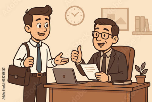 Businessman Seeking Feedback from Manager for Career Growth. Office Meeting, Professional Development, Constructive Criticism, Employee Improvement, Workplace Communication, Vector Illustration