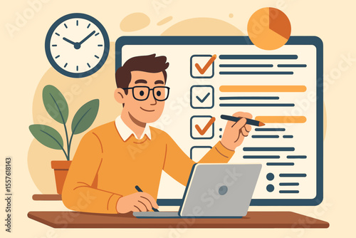 Efficient time management and productivity concept. Man planning daily schedule, prioritizing important tasks, organizing to-do list, working on laptop. Vector illustration for business workflow.