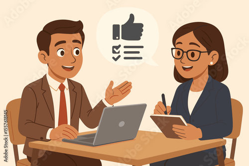 Business performance review meeting, employee and manager discussing feedback, professional development, career growth, teamwork, workplace communication, modern office vector illustration