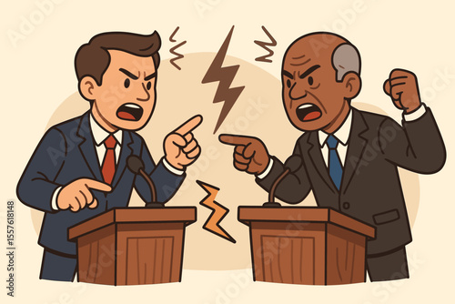 Animated political debate illustration. Two politicians argue at podiums, heated discussion, opposing viewpoints, election campaign, democracy, conflict, vector cartoon, government disagreement