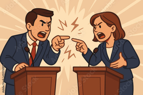 Animated political debate scene. Male and female politicians argue at podiums, pointing fingers, heated discussion, clash of opinions, confrontation, election campaign, vector cartoon illustration
