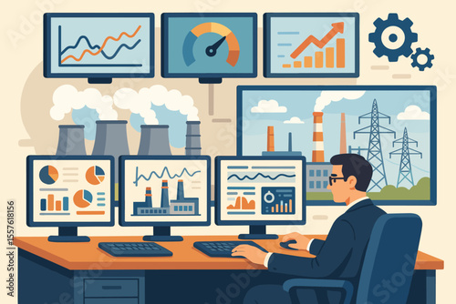 Energy plant control room data analysis. Power plant monitoring. Industrial facility management. Computer dashboard. Emissions, efficiency, electricity production, analytics, vector illustration.
