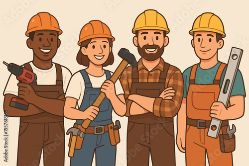 Diverse construction and home repair team cartoon. Builders, carpenters, contractors in hard hats, overalls, holding tools. Professional handyman services, teamwork, renovation, maintenance concept