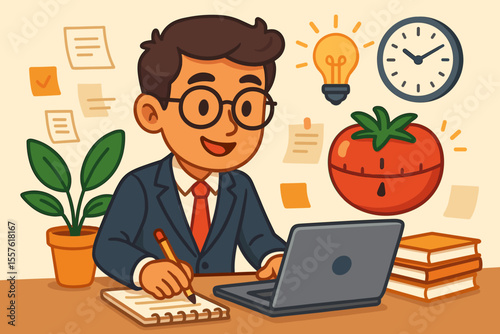 Entrepreneur using Pomodoro technique for productivity and focus. Cartoon vector illustration of businessman at desk with tomato timer, laptop, notepad, clock, lightbulb, plant, task notes, books.