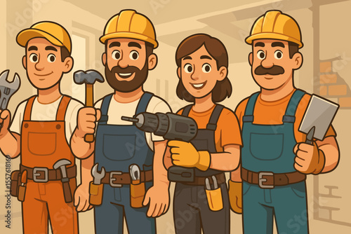 Cartoon Construction and Home Repair Team with Tools. Vector Illustration of Builders, Handyman, Female Worker, Hard Hats, Overalls, Wrench, Hammer, Drill, Trowel, Renovation, Maintenance Concept