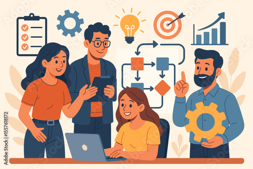 Diverse business team collaboration, workflow optimization, project management strategy, teamwork planning, productivity, process improvement, goal achievement, creative brainstorming, office setting