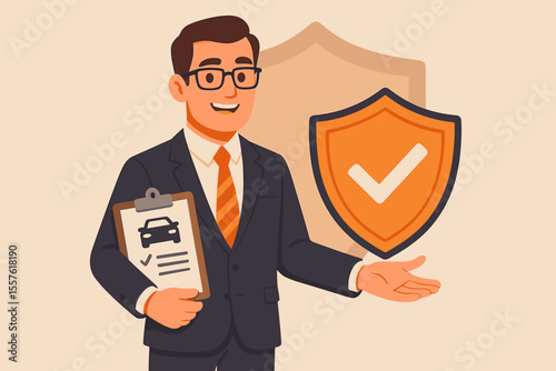 Professional insurance agent with clipboard offering car insurance, protection, and security. Businessman in suit presenting shield with check mark. Auto policy, safety, trustworthy service concept.