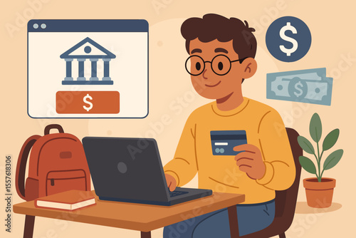 College Student Online Tuition Payment with Laptop and Credit Card, Digital Banking, University Education Finance, E-Payment, Remote Learning, Financial Management, Study Desk, Backpack, Money Icons