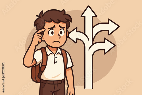 Confused student facing multiple direction arrows, decision-making dilemma, cartoon vector illustration, choice anxiety, education uncertainty, schoolboy backpack, crossroads metaphor